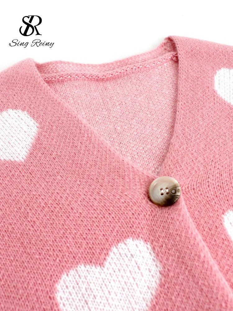 Sweet Love Knitted Cardigan Women 2026 Spring, Summer,  Autumn V-neck Print Warm Sweaters Long Sleeve Casual Loose Knitted Tops