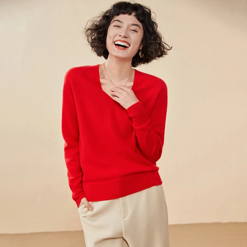 Autumn And Winter New Women's Cashmere Sweater 100% Pure Cashmere V-neck Knitted Pullover Long Sleeved Hot Selling Women's Top