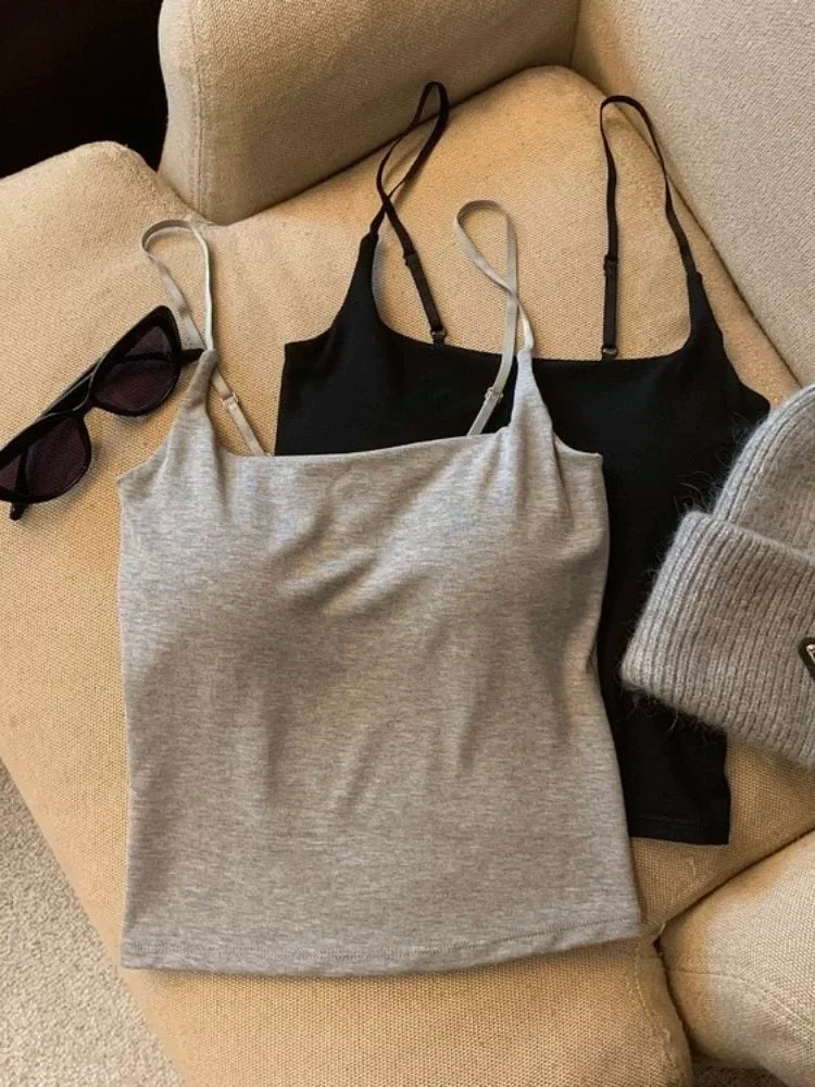 New Women's Slim Fit Tank Top Pure Color Summer Outerwear with Chest Pad Versatile Casual Wear