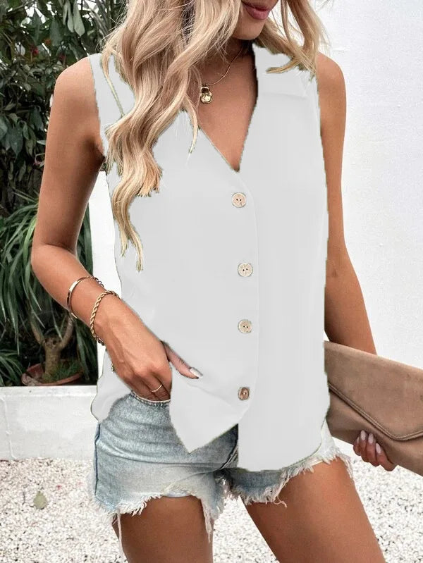 Women's V-Neck Button Chiffon Blouse Summer Lightweight Loose Casual Sleeveless Top Office Lady Solid Color Basic Vest