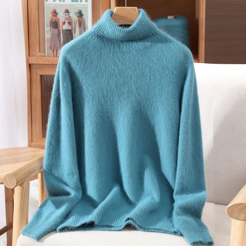 High End Mink Fur Sweater, Women's Solid Color High Collar Pullover, Cashmere Warm Sweater, Knitted Base Sweater, Autumn Winter
