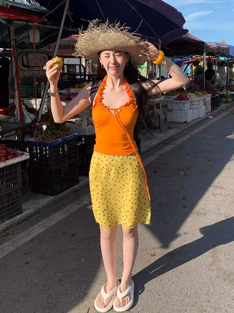 Orange Tank Top Women Summer Ruffle Halter Neck Y2k Top Sleeveless Slim Casual Streetwear Fashion 2026 Solid Camisole