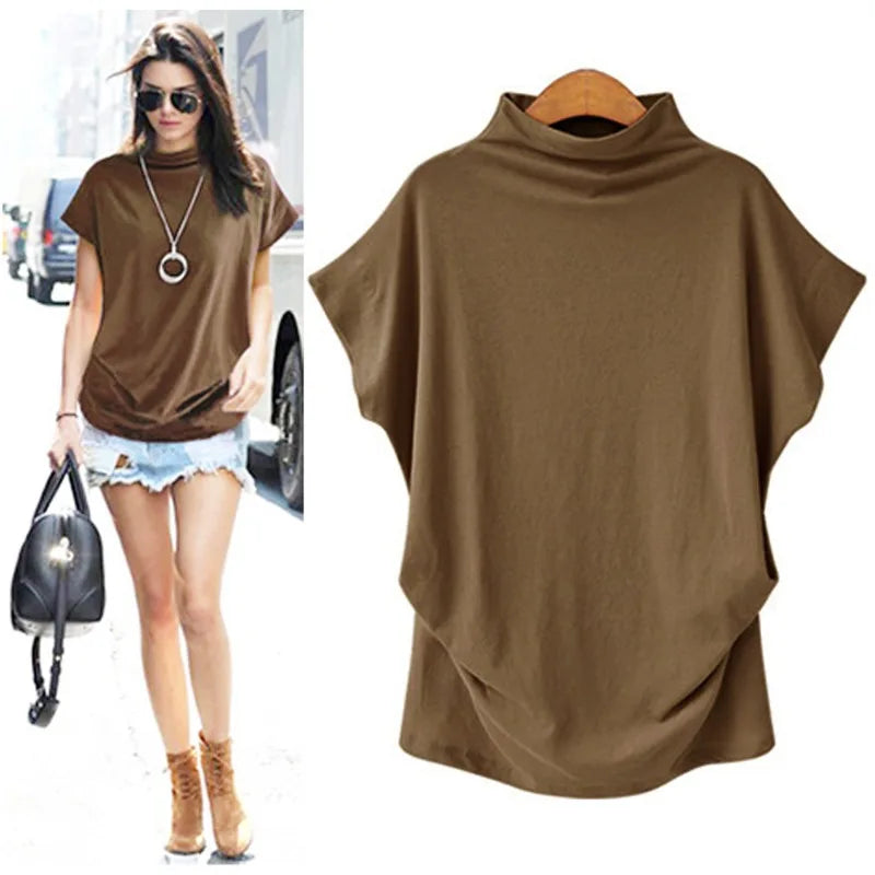 Women's Retro Solid Color T-Shirt Summer Turtleneck Short Sleeve Tees Fashion Loose Streetwear Female Pleated Top