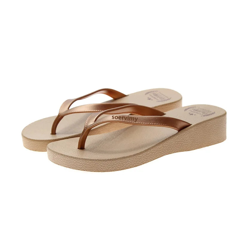 Women Flip Flops Wedges Casual Shinny Beach 3.5 Cm Height PVC Solid Summer Outside Slippers Soft Shoes