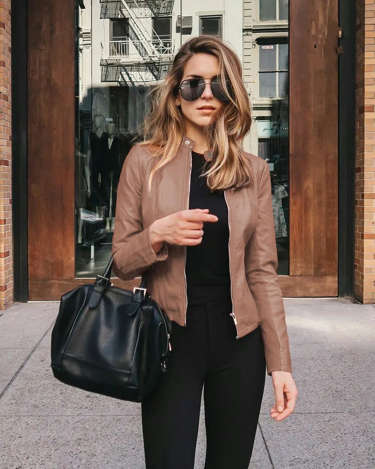KIDCRKJ Spring Autumn Women's Leather Jacket Solid Color Zipper Female PU Suit Jacket O-neck Casual Jacket Women's Outwears
