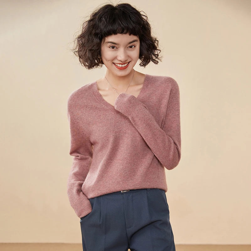 Autumn And Winter New Women's Cashmere Sweater 100% Pure Cashmere V-neck Knitted Pullover Long Sleeved Hot Selling Women's Top