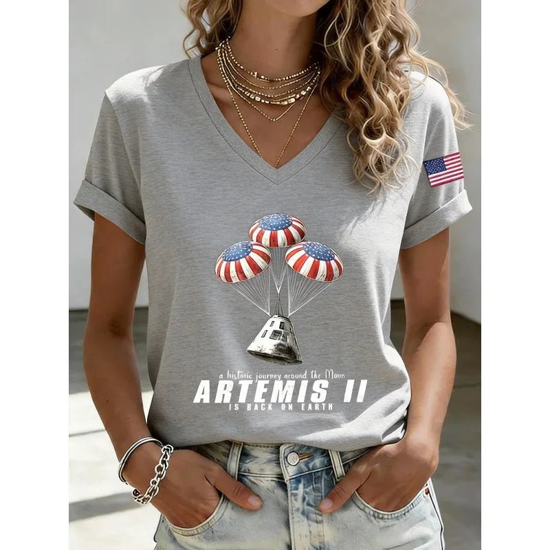 2026 New Arrival Women's Artemis II Print T-Shirts Summer Short Sleeve V Neck Tops Casual Daily White Tees