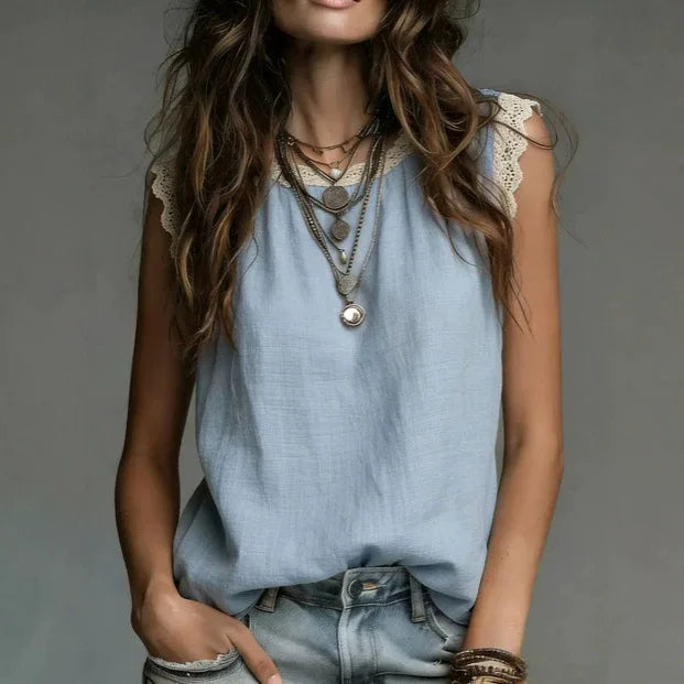 Women's Lace Trim Tank Top Summer Breathe Loose Casual Sleeveless Blouse Office Lady Solid Color Round Neck Basic Vest