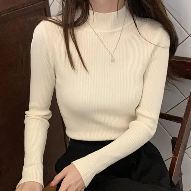 Early Spring, Autumn Winter Mock Neck Women Sweater Vintage Basic Solid Knitted Tops Casual Slim Pullover Korean Sweaters Simple Chic Jumpers