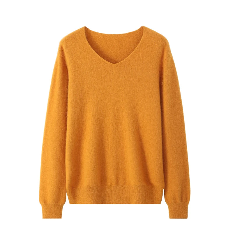 Fall/Winter Fashion Mink Cashmere Women's V-neck Pullover Bottom Shirt Slim Knitted Sweater Short Plus Size