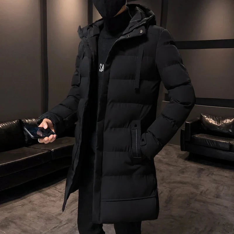 Men's Medium to Long Hooded Jacket Warm Cotton Coat Stand Fit all Season Collection