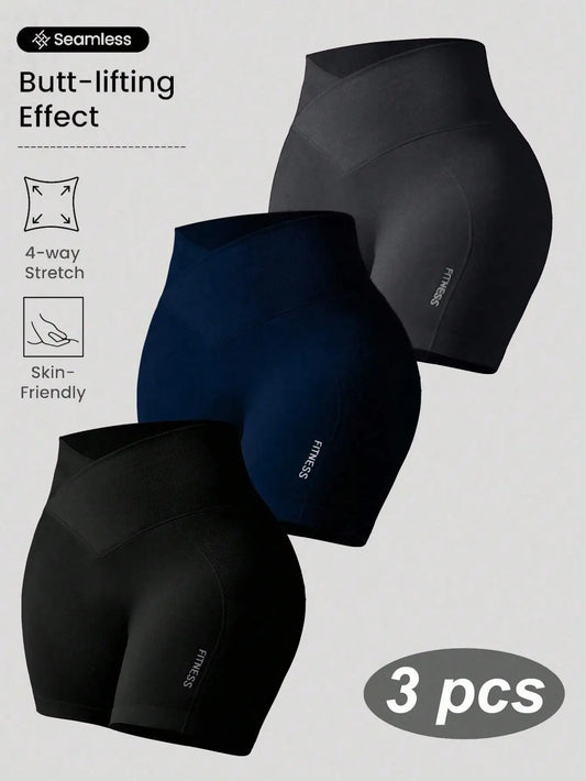 3PCS Summer V-waist Peach Hip Lifting Tight Three Leg Pants High Waist Yoga Shorts Running Speed Dry Seamless Yoga Shorts