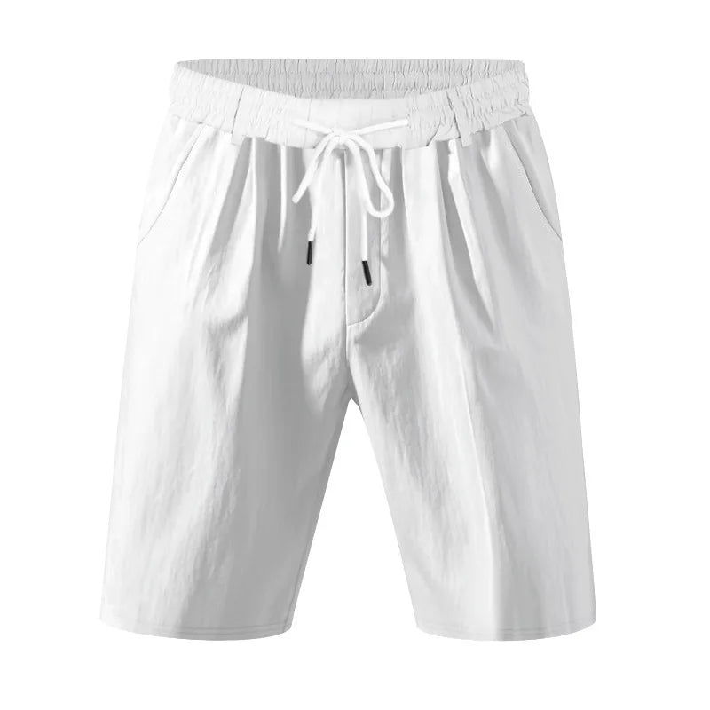Men's Linen Feel Shorts Pleated Front Drawstring Waist Casual Summer Beach Pants Lightweight Vacation Bottoms with Belt Loops