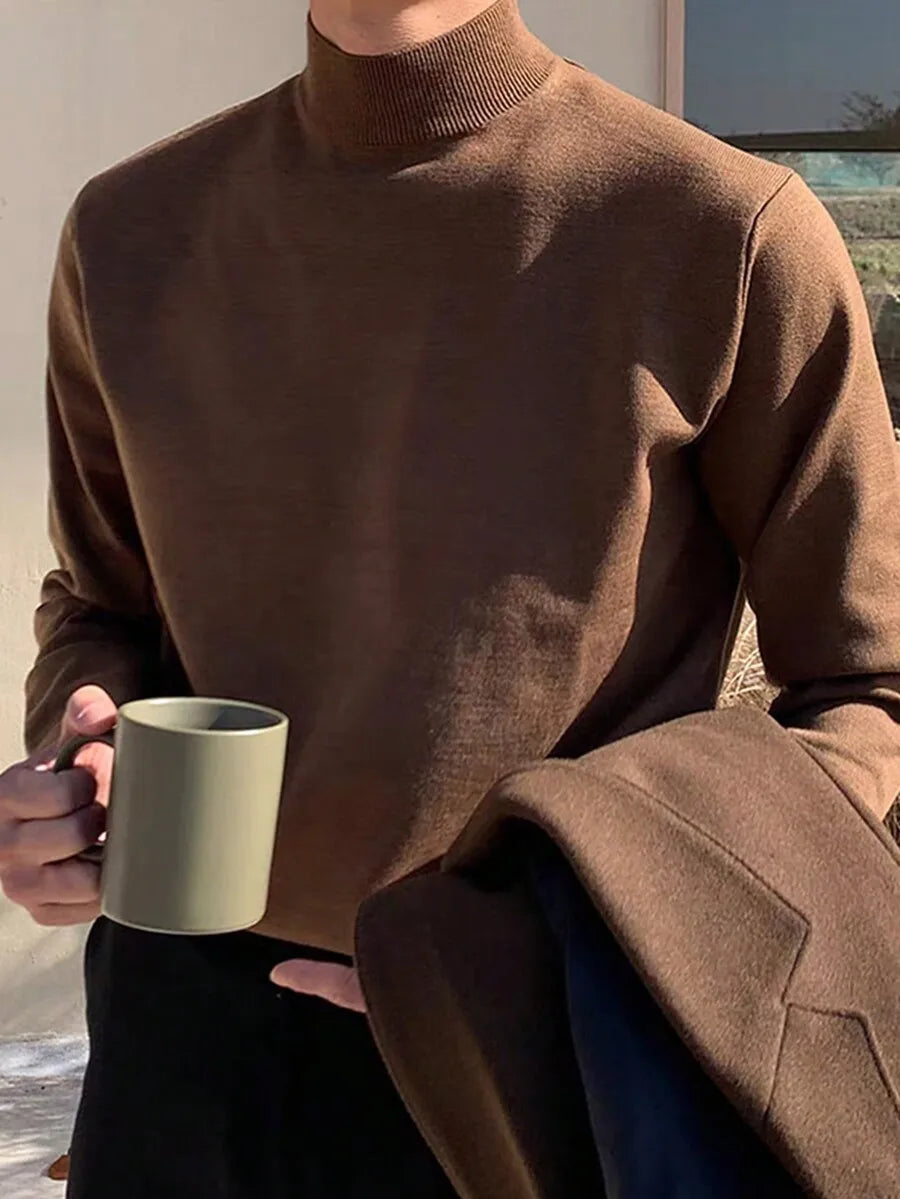 Men's Black Loose Fit Long Sleeve Turtleneck Sweater for Autumn Winter