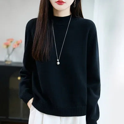 100% Pure Cotton Women's Knitted Sweater Solid Color Round Neck Pullover Loose Cotton Sweater Autumn and Winter New Women's Top