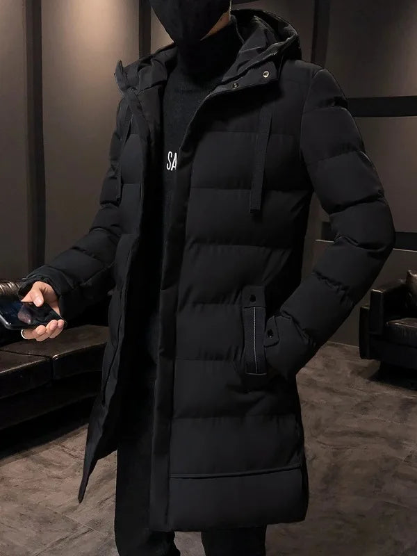 Men's Medium to Long Hooded Jacket Warm Cotton Coat Stand Fit all Season Collection