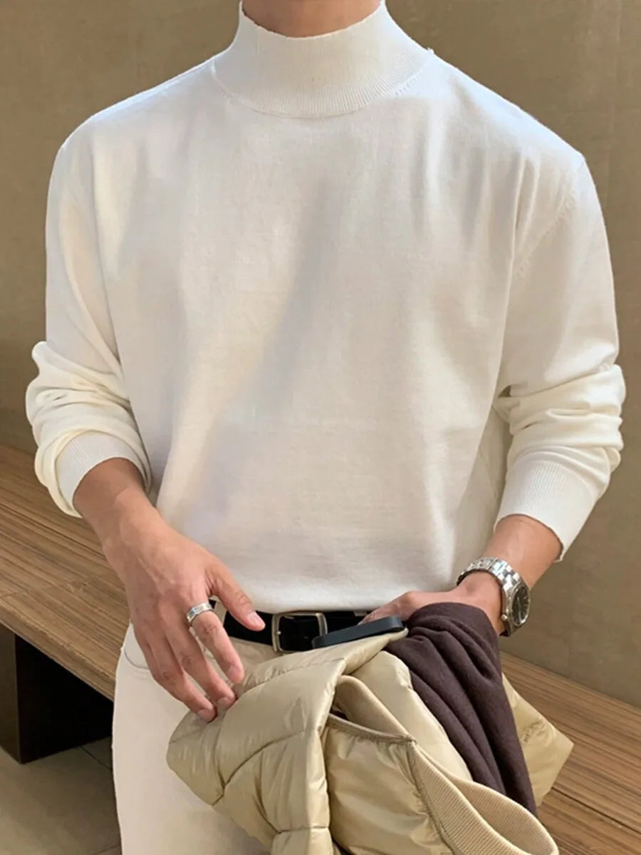 Men's Black Loose Fit Long Sleeve Turtleneck Sweater for Autumn Winter