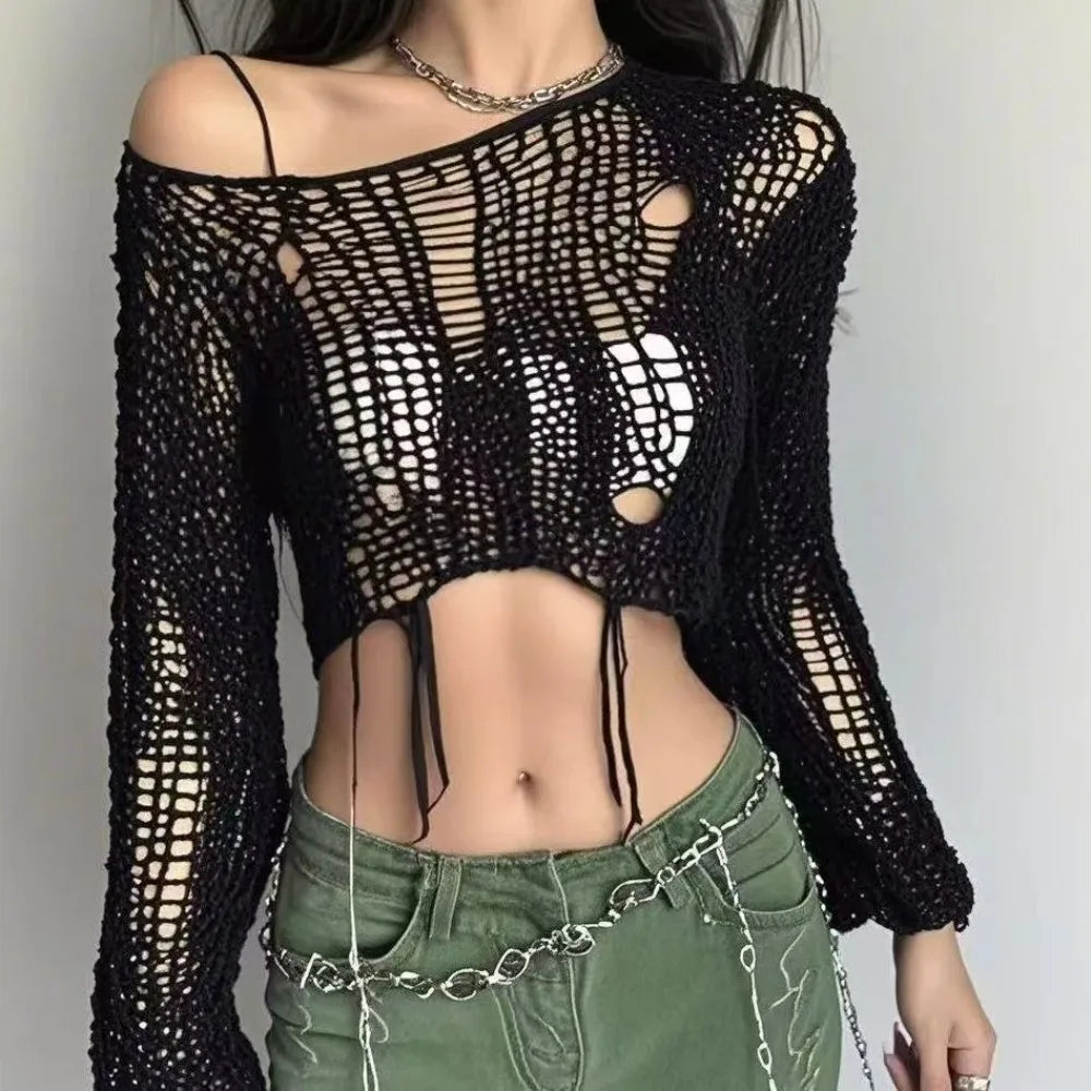 Sexy White Slash Neck Grunge Knitted Women's Sweater Hole Ripped Pullover Crop Top Harajuku Hollow Out Fashion Summer Jumpers