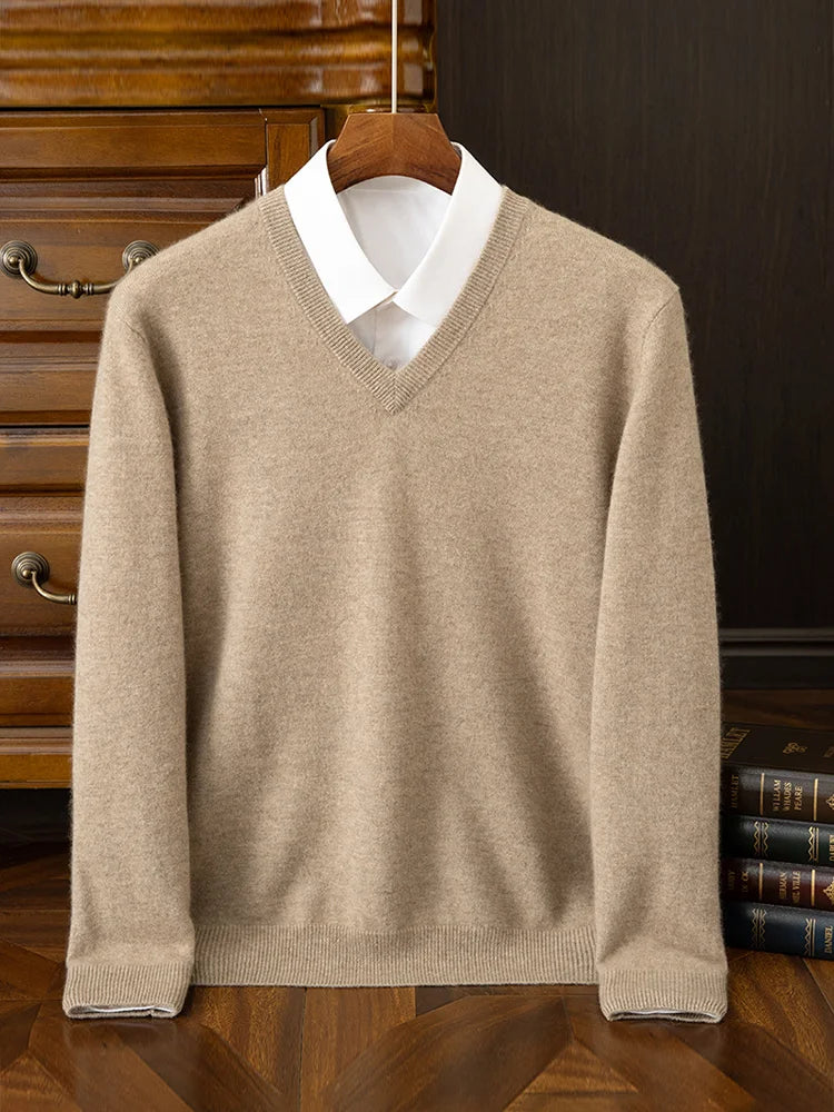 Fashion Men's 100% Cashmere Pullover Sweater V-neck Long Sleeve Thick Pullover Autumn Winter Smart Casual Cashmere Knit Clothing