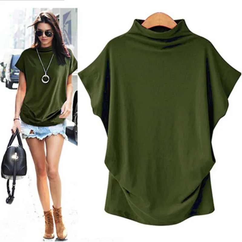 Women's Retro Solid Color T-Shirt Summer Turtleneck Short Sleeve Tees Fashion Loose Streetwear Female Pleated Top