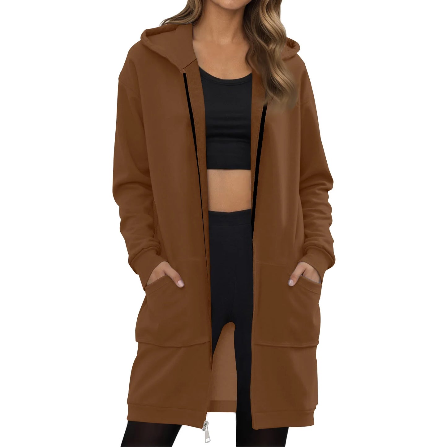 Women's Solid Color Zip Up Hoodies Oversized Long Cardigan Sweatshirts Casual Fashion Long Sleeve Fall Hoodie Coat