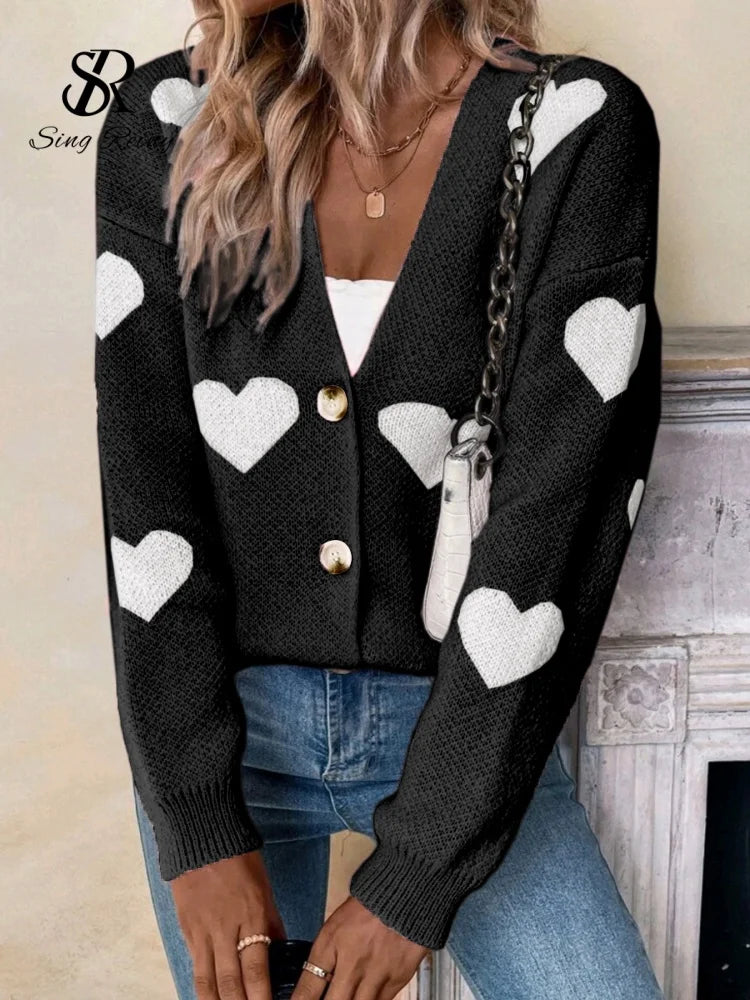 Sweet Love Knitted Cardigan Women 2026 Spring, Summer,  Autumn V-neck Print Warm Sweaters Long Sleeve Casual Loose Knitted Tops