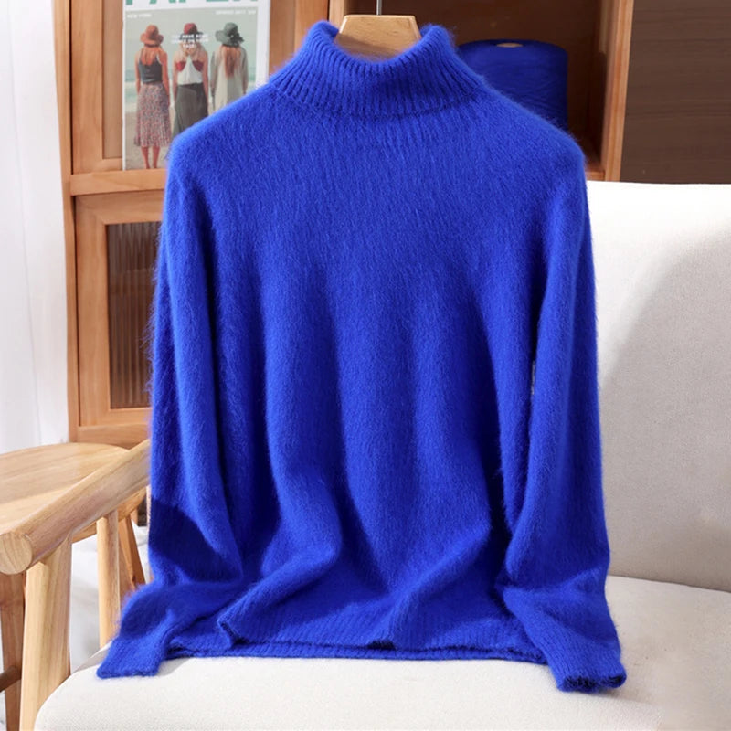 High End Mink Fur Sweater, Women's Solid Color High Collar Pullover, Cashmere Warm Sweater, Knitted Base Sweater, Autumn Winter