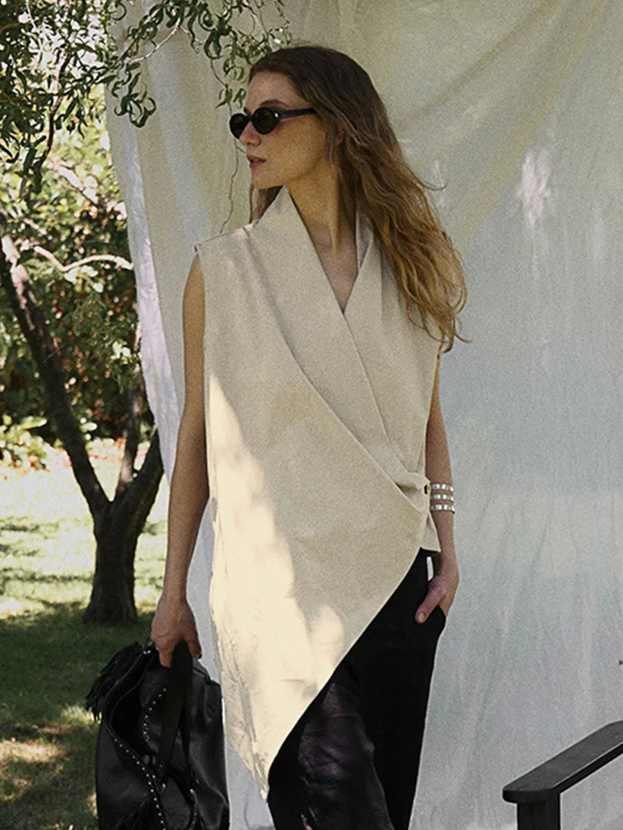 2026 Summer New Women  Sleeveless Irregular  Solid  Color, Button V-neck Vest Top