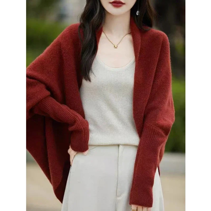 Winter Women Long Sleeve Batwing Sleeve Knitted Top Cardigan Loose Elegant Knitwear Vintage Shawl Autumn Outerwear