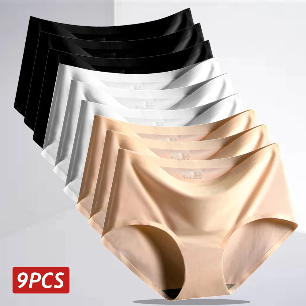 9PCS Ice Silk Seamless Panties For Women Sexy Mid Rise Underwear Female Intimate Briefs Breathable Comfort Large Size Lingerie