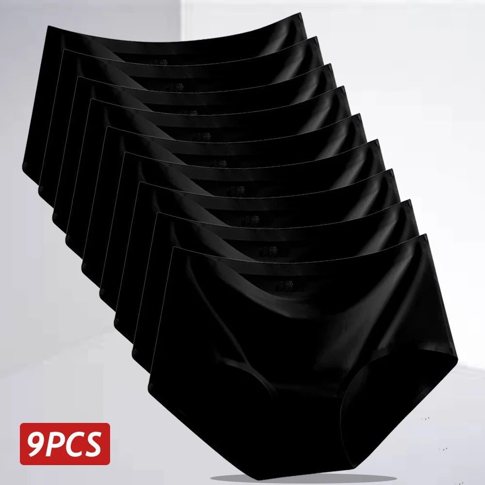 9PCS Ice Silk Seamless Panties For Women Sexy Mid Rise Underwear Female Intimate Briefs Breathable Comfort Large Size Lingerie