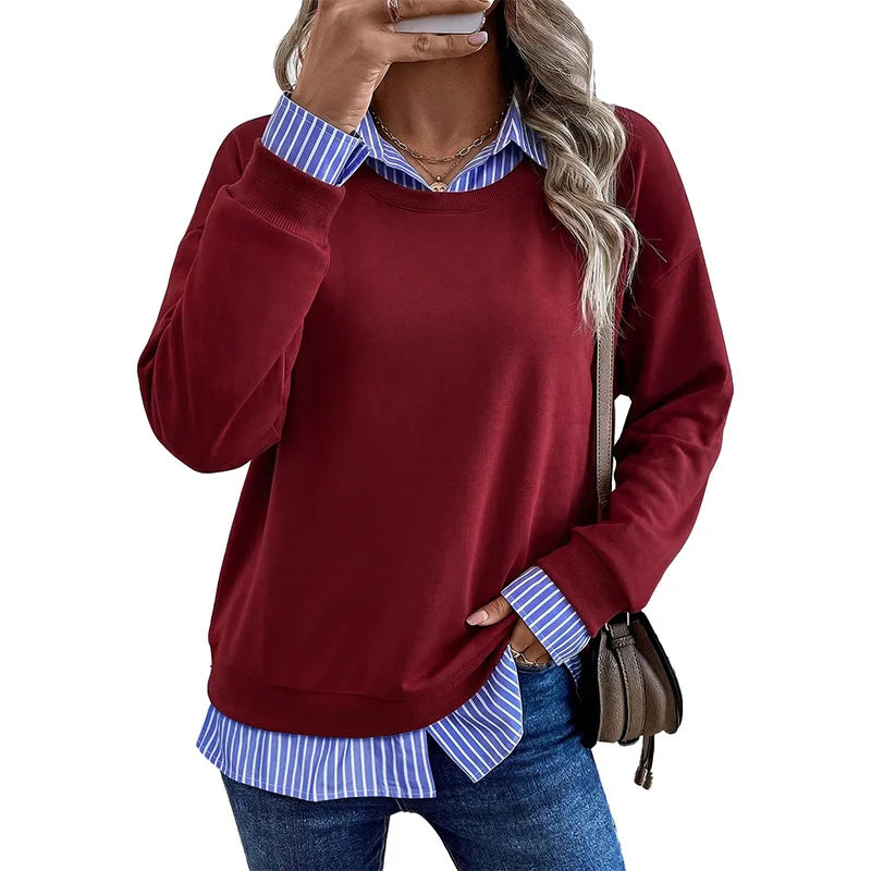Women's Casual Fake Two Piece Sweatshirt Contrast Collar Striped Patchwork Long Sleeve Crewneck Pullover Top Spring, Autumn, Winter