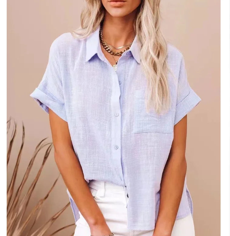 New Fashion Cotton Linen Women's Shirts Casual Loose Short Sleeve Women Blouses Button Up Summer Woman Tops Clothes