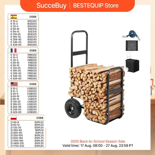 SucceBuy Firewood Log Cart Outdoor and Indoor Wood Rack Storage Mover with Wheels Heavy Duty Steel for Fireplace Fire Pit Black