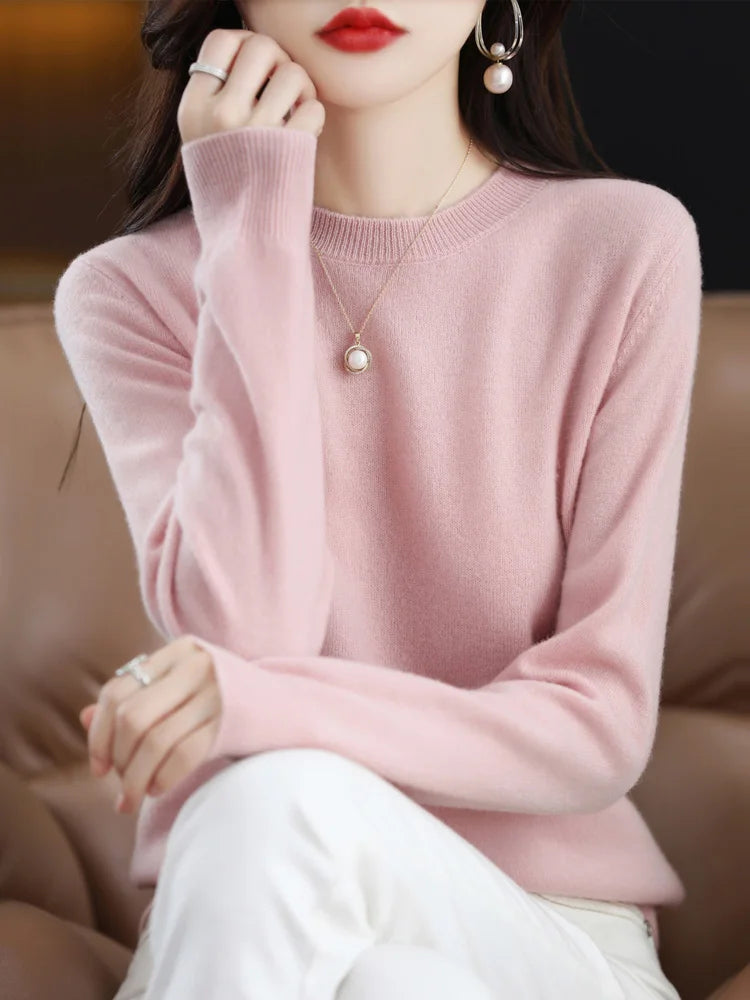 Fashion 100% Merino Wool Sweater Elegant Cashmere Pullover Women O-Neck Long Sleeve Knitwear Basic Clothing  Jumper Tops