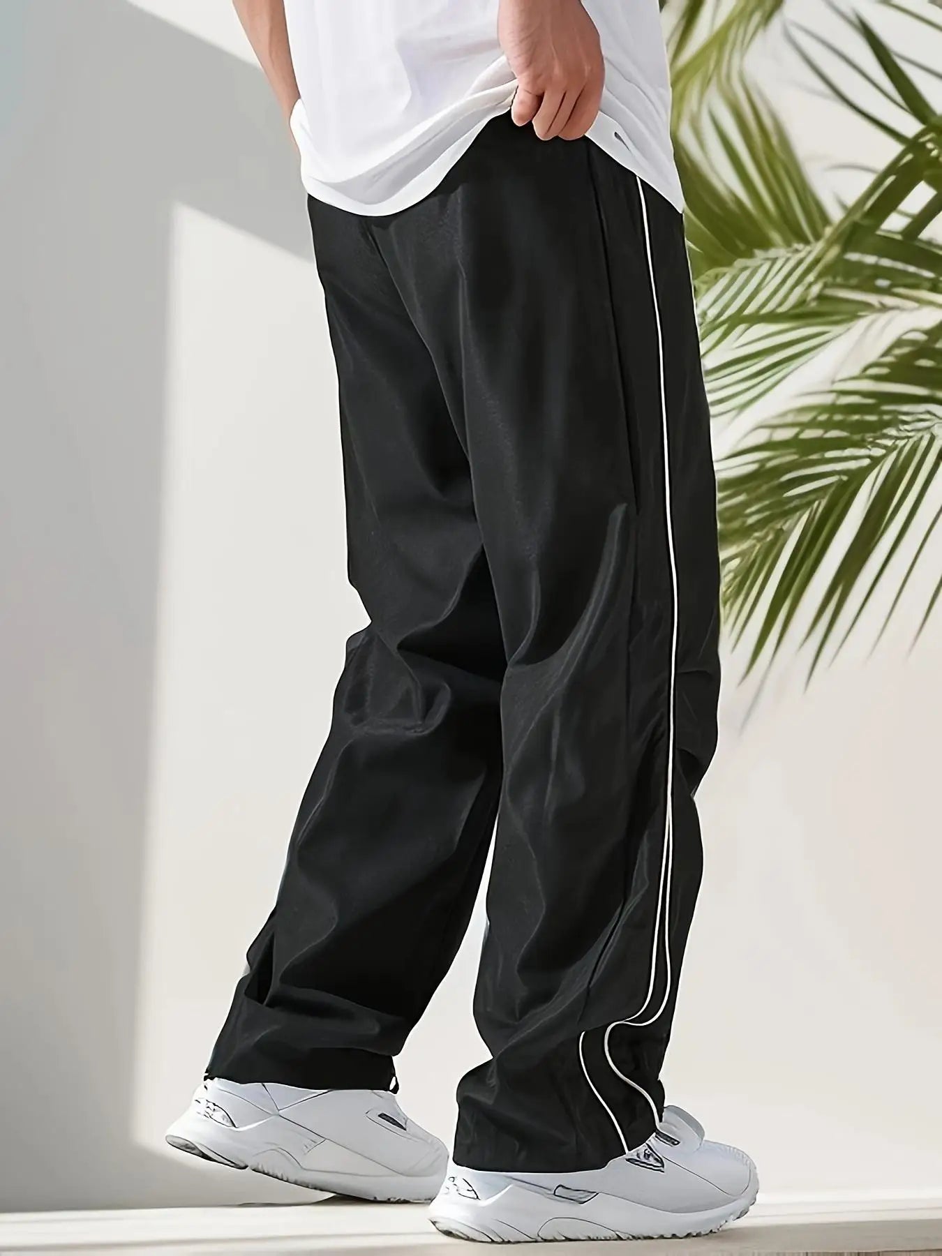 Men's Regular Plain Sports Straight Pants with Drawstrings and Elastic Waistband, Reflective Webbing Design, Suitable for Daily Leisure, Street Basketball, Fitness, Multi-Scenario Matchinging, Suitable for All Seasons