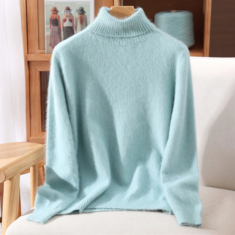 High End Mink Fur Sweater, Women's Solid Color High Collar Pullover, Cashmere Warm Sweater, Knitted Base Sweater, Autumn Winter