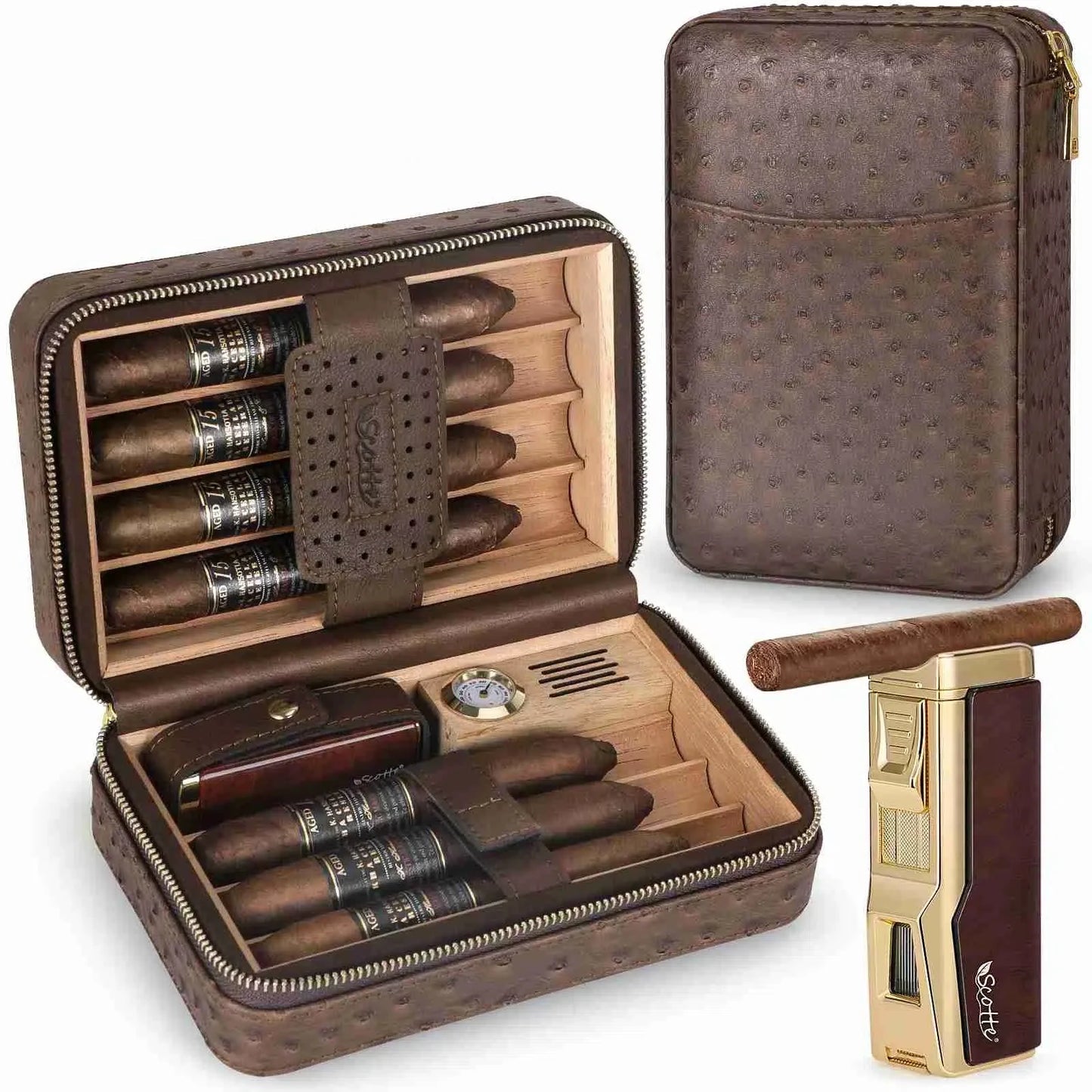 Scotte Cigar Humidor Box Cigar Lighter Cedar Wood Lined Leather Cigar Case Built in Hygrometer Humidifier with Cigar Holder Kit