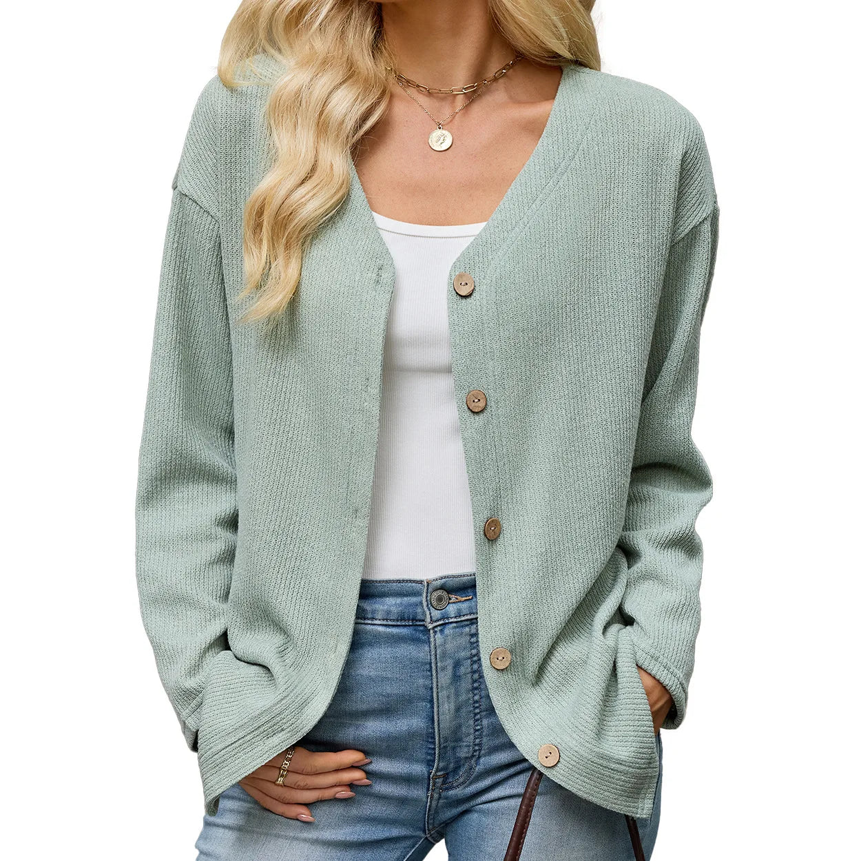 Women's V Neck Button Down Cardigan Long Sleeve Ribbed Knit Sweater Casual Loose Fit Outwear Tops