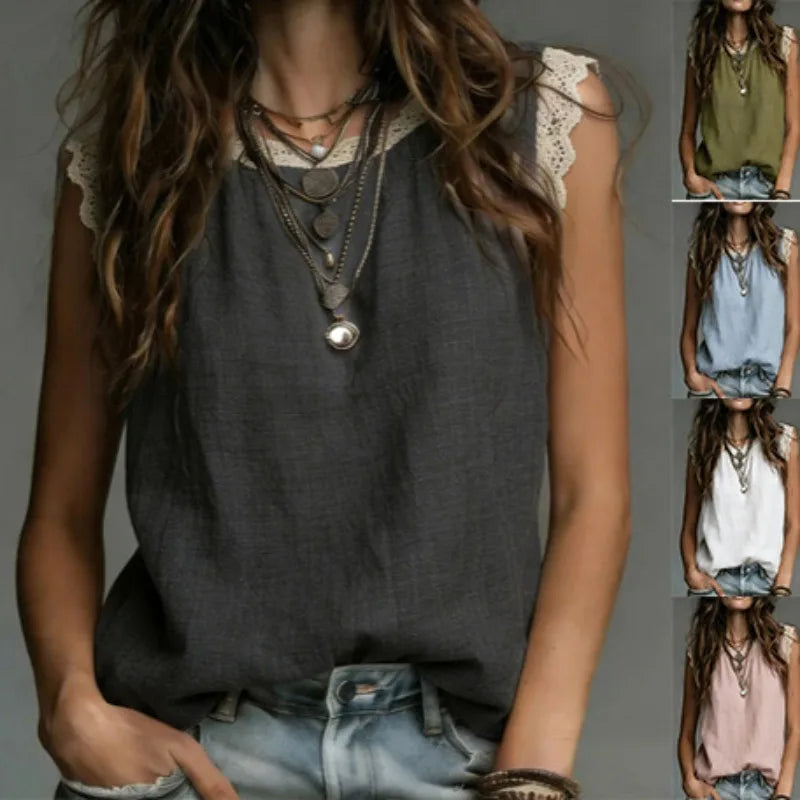 Women's Lace Trim Tank Top Summer Breathe Loose Casual Sleeveless Blouse Office Lady Solid Color Round Neck Basic Vest