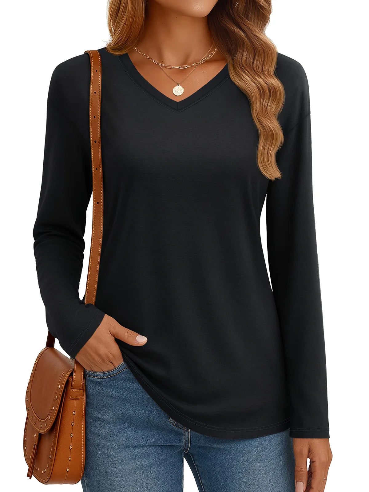 Women‘s Solid Color Drop Shoulder Breathable Cotton Shirts V Neck Casual Basic Tops Loose Fit Long Sleeve Tees