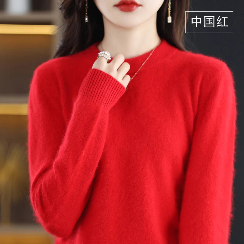 Autumn And Winter New Women's Semi-high-necked Mink Cashmere Sweater Wool Knitted Bottom Shirt