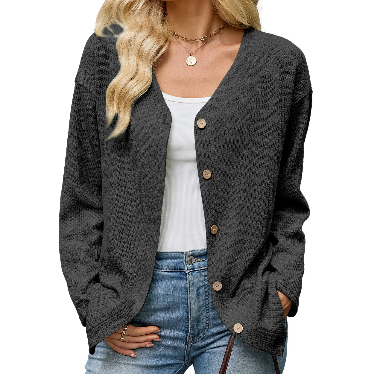 Women's V Neck Button Down Cardigan Long Sleeve Ribbed Knit Sweater Casual Loose Fit Outwear Tops