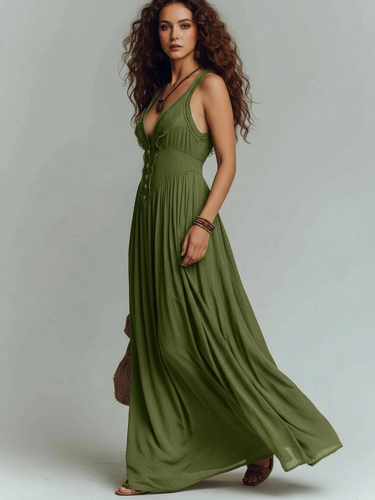 Women Deep V‑Neck Sleeveless Waist Fitted Pleated Long Maxi Dress Vacation Leisure Daily Outfit