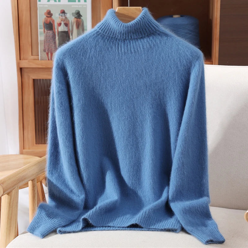 High End Mink Fur Sweater, Women's Solid Color High Collar Pullover, Cashmere Warm Sweater, Knitted Base Sweater, Autumn Winter