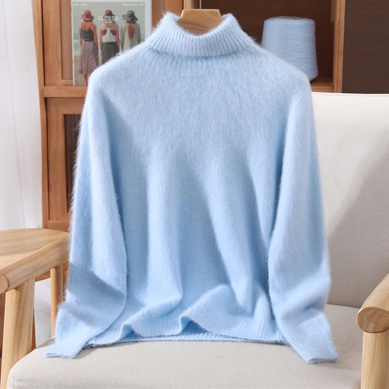 High End Mink Fur Sweater, Women's Solid Color High Collar Pullover, Cashmere Warm Sweater, Knitted Base Sweater, Autumn Winter