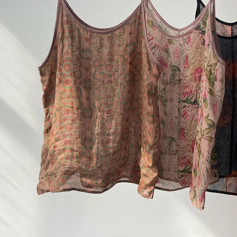 Women's Camisole Tank Tops Printed Ramie Sleeveless Shirt 2026 New Sweet Casual Spaghetti Straps Vest V-neck