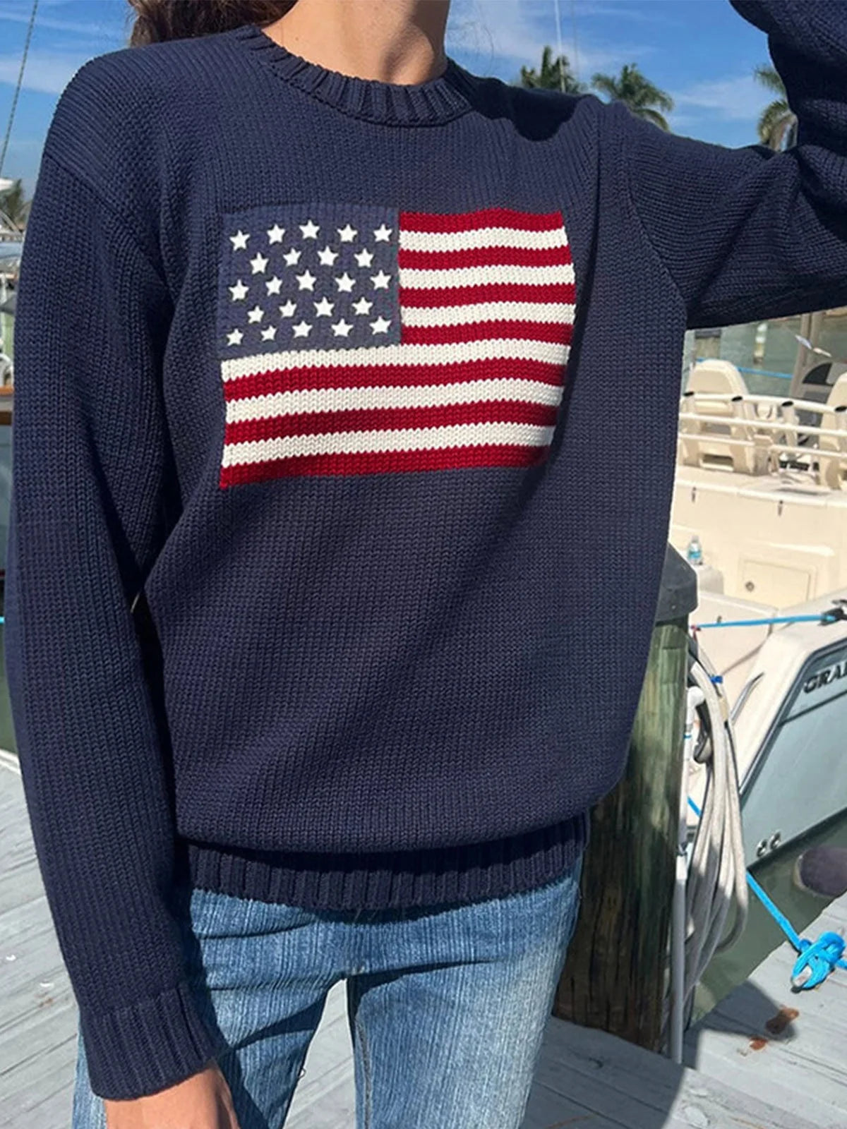 Retro National Flag Long Sleeve Crew Neck Knitted Sweater Autumn Winter Women's High-End Feeling Top Loose Fit Single Piece