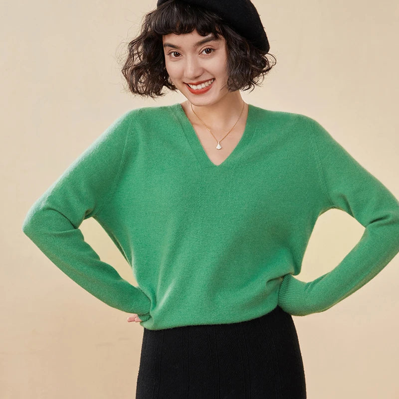 Autumn And Winter New Women's Cashmere Sweater 100% Pure Cashmere V-neck Knitted Pullover Long Sleeved Hot Selling Women's Top