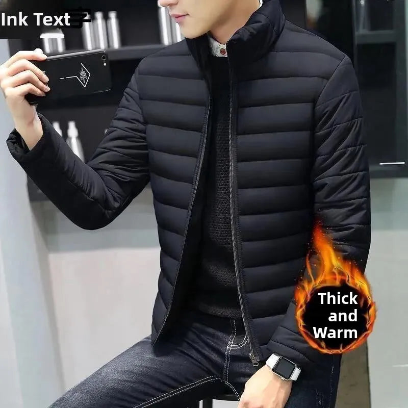 Loose Fit Short Hooded Cotton Jacket Thin Winter Coat for Men Casual Style Zipper Closure Solid Color Youth Fashion Urban Wear
